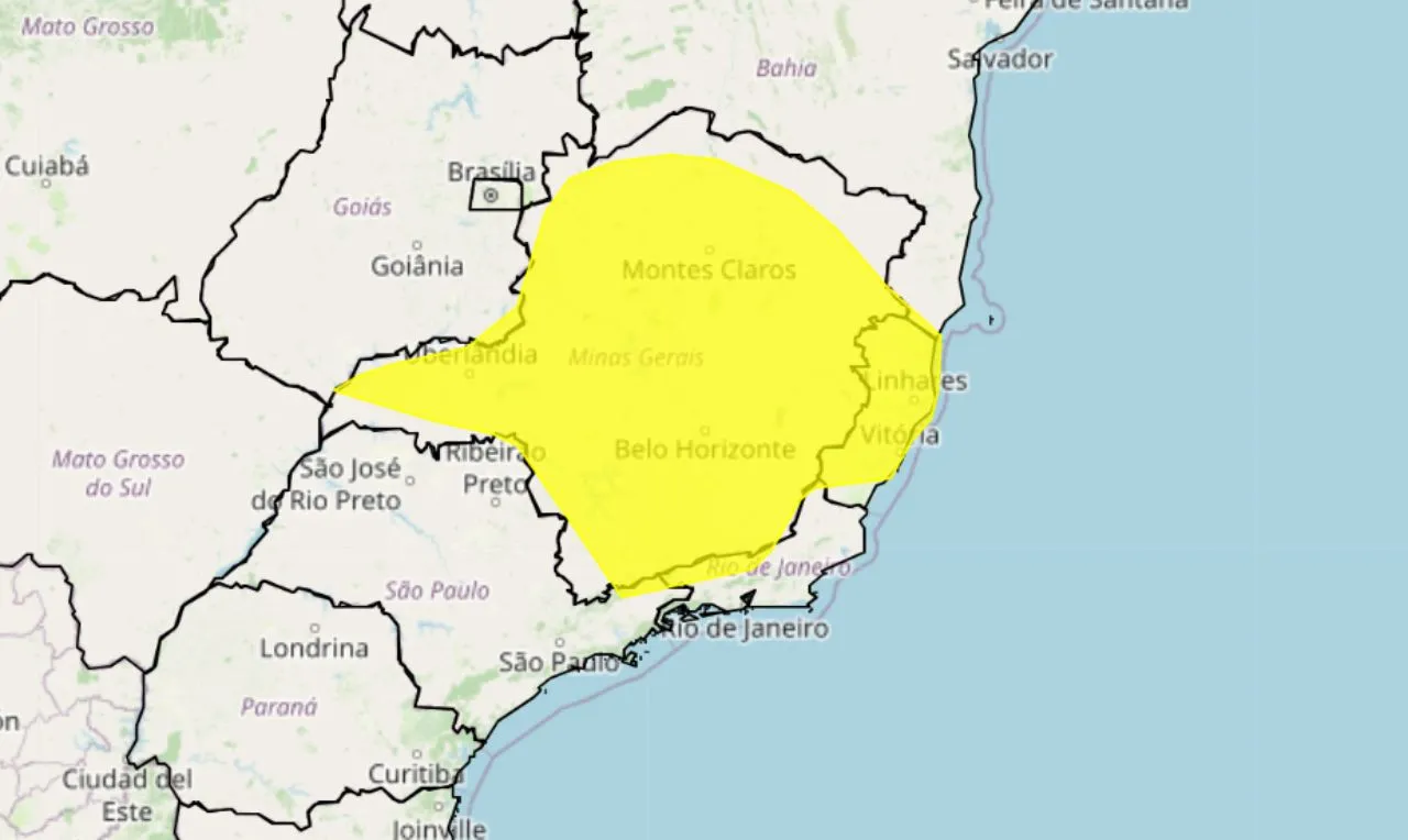 O mapa mostra as áreas em alerta para temporais e ventania